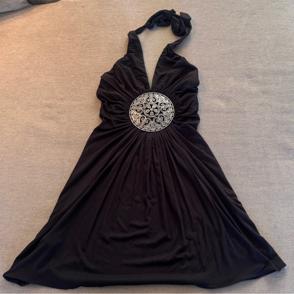 Y2K Sky Black Halter Top with Center Medallion - Picture 1 of 5